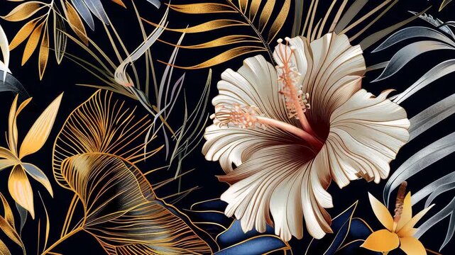 tropical floral pattern with hibiscus and various leaves on a dark background