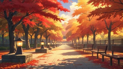 Illustration background of a Japanese forest garden in spring
