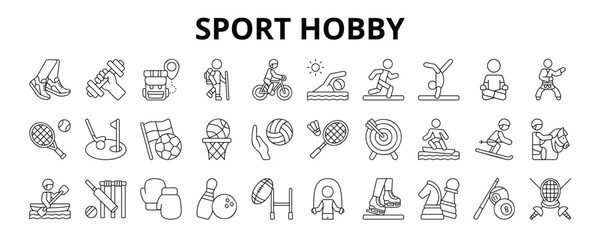 30 Sport Hobby Line Icons Vector - Athletic, Adventure, Running, Yoga, Tennis, Golf, Basketball, Surfing, Bowling