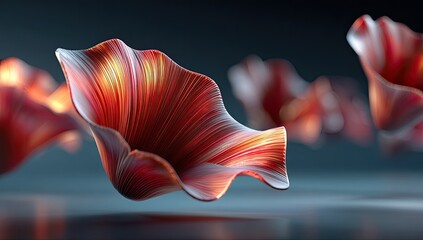 Abstract, red, and gold, flowing petals in mid-air, artfully rendered