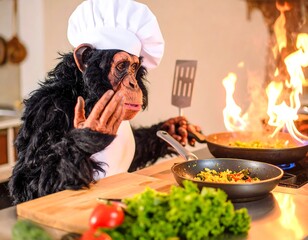 Chimpanzee chef in a kitchen with burning food