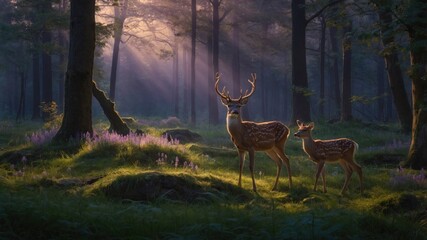 Majestic deer in a serene forest at dawn, surrounded by soft light and blooming wildflowers