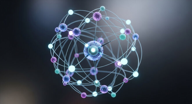Scientific atom structure model with electrons orbiting nucleus for physics and chemistry education
