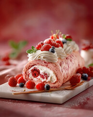 A rolled meringue dessert topped with whipped cream and fresh raspberries.