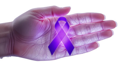 Human hand gently holding a vibrant purple awareness ribbon, symbolizing support, hope, and solidarity for a worthy cause  Alzheimer’s awareness