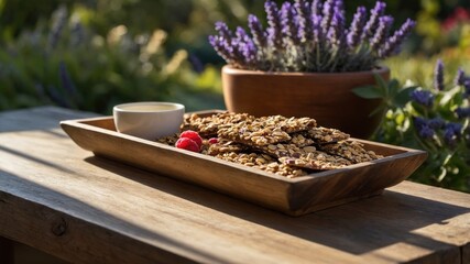 Delicious homemade granola bars served on a wooden platter with fresh raspberries and yogurt dip outdoors