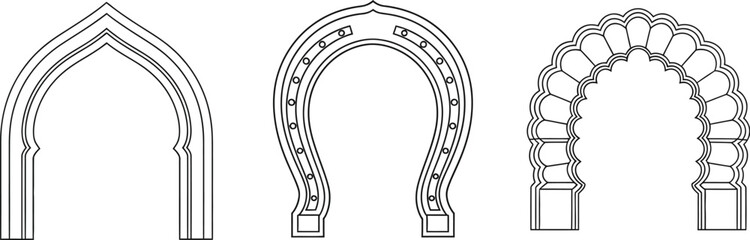 Different types of arches, including pointed, horseshoe, and compound arches.