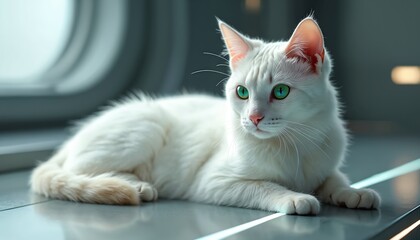 Majestic white cat with piercing emerald green eyes rests indoors. Aristocratic feline exhibits silky snow-white fur with cream hints on ears, face. Elegant pet purity, grace, refined beauty.