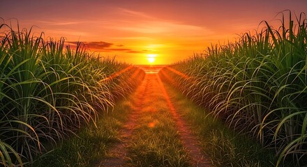 "Scenic Sugarcane Field Sunset with Golden Dirt Road and Lush Green Crops"sunset on the beach, Vibrant sugarcane field at sunset, with rich green stalks lining dirt road leading towards setting sun. 
