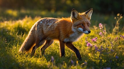 A solitary fox walks gracefully through a vibrant field of wildflowers during golden hour