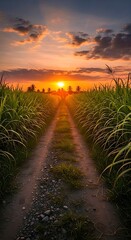 "Scenic Sugarcane Field Sunset with Golden Dirt Road and Lush Green Crops"sunset on the beach, Vibrant sugarcane field at sunset, with rich green stalks lining dirt road leading towards setting sun. 
