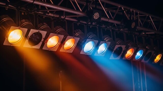 Stage lighting rig with row of spotlights casting alternating blue, orange, and yellow beams