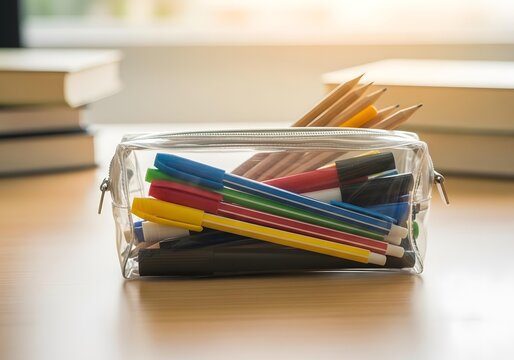 Transparent pencil case with colorful pens and pencils.
