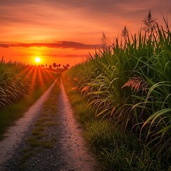"Scenic Sugarcane Field Sunset with Golden Dirt Road and Lush Green Crops"sunset on the beach, Vibrant sugarcane field at sunset, with rich green stalks lining dirt road leading towards setting sun. 

