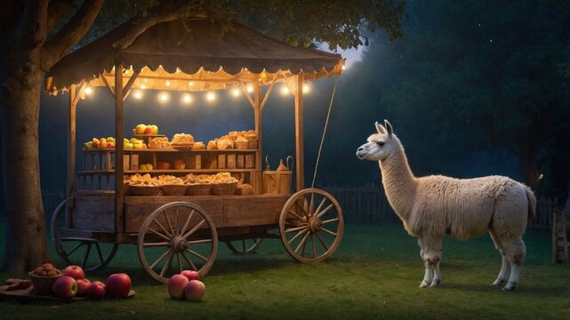 A charming scene of a llama near a rustic food cart adorned with baked goods and apples at dusk - Powered by Adobe