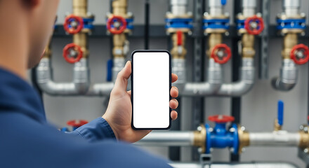 Technician holds smartphone with a blank white screen in front of pipes and valves in an industrial setting.