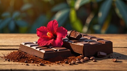Chocolate bars and cocoa powder with a vibrant hibiscus flower on a rustic wooden table outdoors