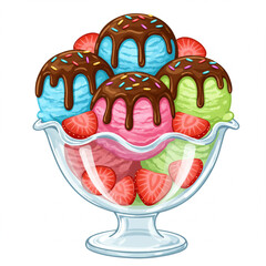Delicious Ice Cream Sundae with Strawberries and Chocolate Drizzle in a Glass Bowl
