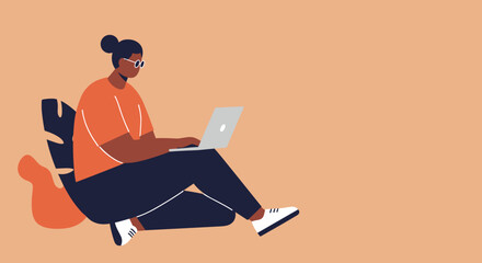 Young person working remotely on laptop, representing modern work-life balance, education, and digital lifestyle. Ideal for business, productivity, or remote learning concepts.
