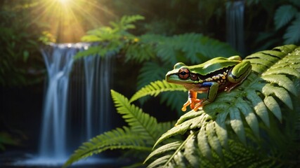Vibrant frog perched on lush green leaves in a serene rainforest with cascading waterfalls