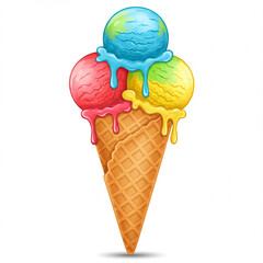 Colorful ice cream cone with three scoops sweet summer dessert treat illustration