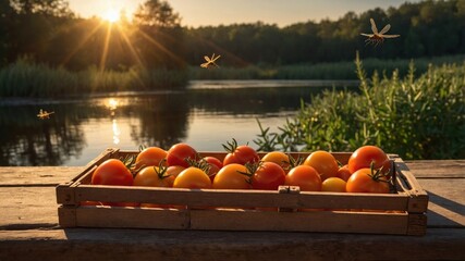 Freshly harvested tomatoes in a wooden crate by a serene river at sunset with dragonflies hovering