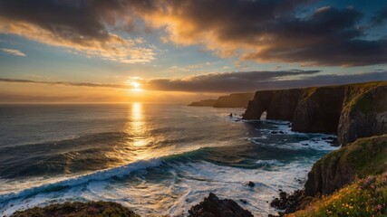 Stunning coastal sunset illuminating cliffs and ocean waves, peaceful scenery with vibrant colors