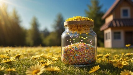 Colorful jar filled with sprinkles surrounded by vibrant flowers in a sunny garden setting