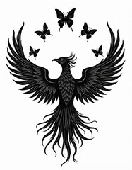 Obraz premium Black illustration of phoenix bird with wings spread, surrounded by five butterflies. Powerful symbol represents overcoming depression, rising above challenges, achieving victory. Elegant design