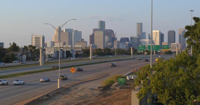 Bird's Eye View of Houston Highway 288 and Urban Skyline