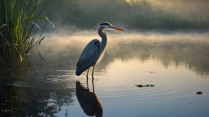 Majestic heron standing gracefully in a misty wetland at dawn, surrounded by lush greenery and still water