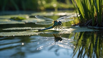 A vibrant dragonfly perched on a lily pad in a serene pond, reflecting sunlight and nature's beauty