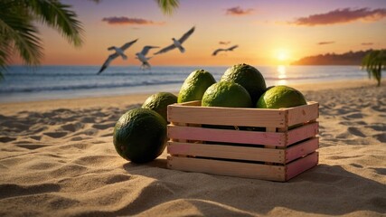 A wooden crate filled with ripe avocados on a sandy beach at sunset with seagulls flying above