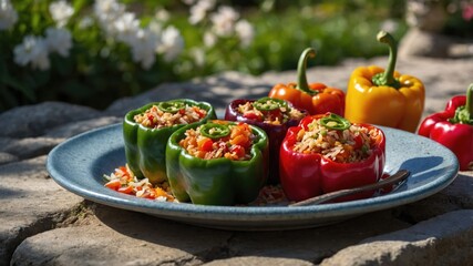 Colorful stuffed peppers arranged on a rustic plate, set outdoors with a garden backdrop
