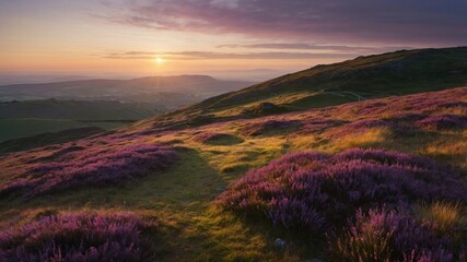 Serene sunset over rolling hills adorned with vibrant purple heather, creating a tranquil landscape