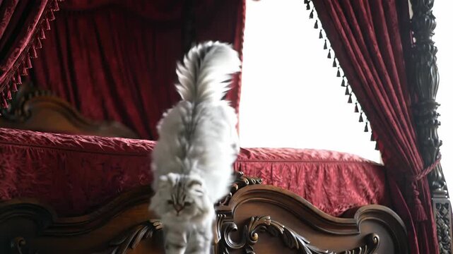 Gray cat jumps on a red four-poster bed with red curtains near a bright window, luxury interior, animal, pet.