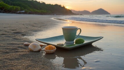 Serene beach setting at sunset featuring a cup on a plate surrounded by shells and a lime
