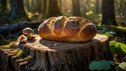 Freshly baked bread resting on a tree stump surrounded by mushrooms and forest foliage in sunlight