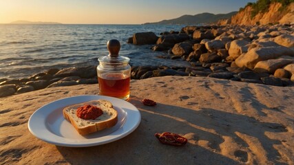 Sunset over rocky beach with plate of bread topped with spread and jar of drink nearby