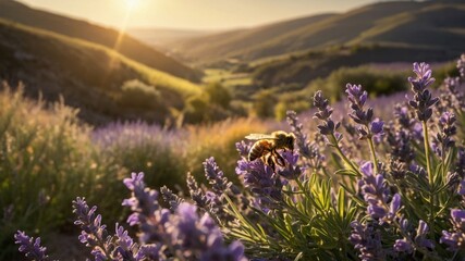 Bee pollinating lavender flowers in a scenic valley during sunset, showcasing nature's beauty