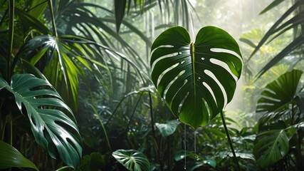 Lush green jungle scene featuring a large Monstera leaf surrounded by tropical foliage and mist