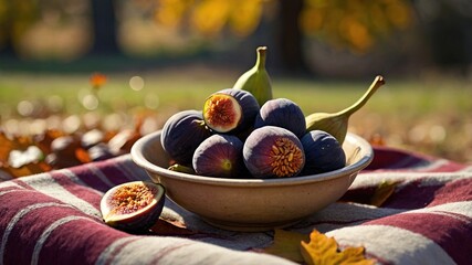 Freshly harvested figs in a rustic bowl on a cozy blanket among autumn leaves in a serene garden
