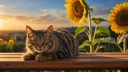 A serene tabby cat lounging on a wooden railing amidst vibrant sunflowers at sunset