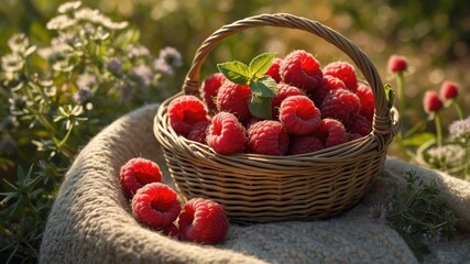A rustic basket filled with fresh, vibrant raspberries resting on a textured cloth in a sunny garden