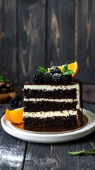 Chocolate cake slice decorated with berries and orange