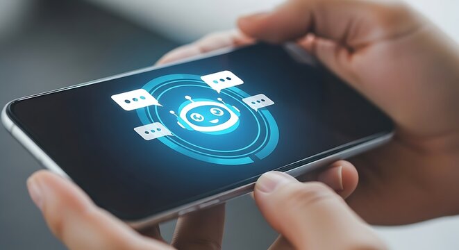 Close up of hands holding a smartphone displaying a futuristic communication interface with icons.