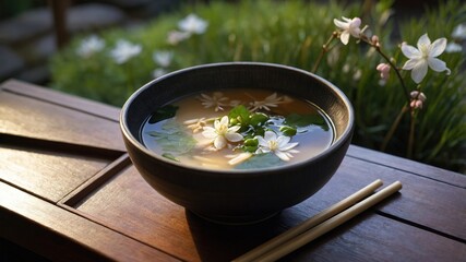 Serene bowl of floral soup on wooden table surrounded by lush greenery and delicate flowers