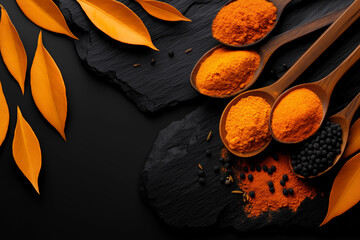 Wooden spoons and spices leaves on a black slate for food blogging, recipe websites, culinary social media posts, and cookbooks.