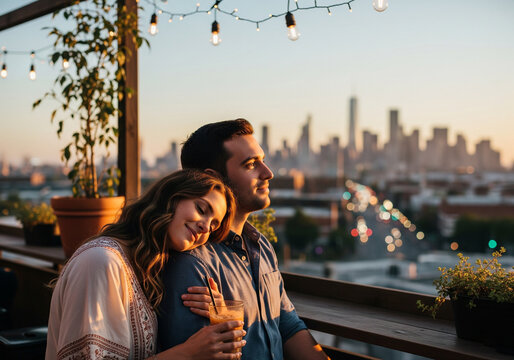 Loving young couple embracing on a rooftop balcony while watching the beautiful city skyline during a golden hour sunset