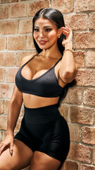 fitness influencer leaning against brick wall at photo studio